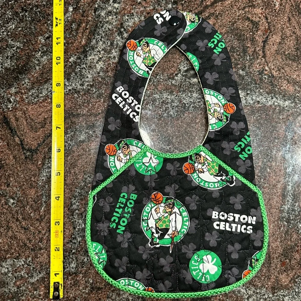 Handmade reversible quilted baby bib in Boston Celtics print